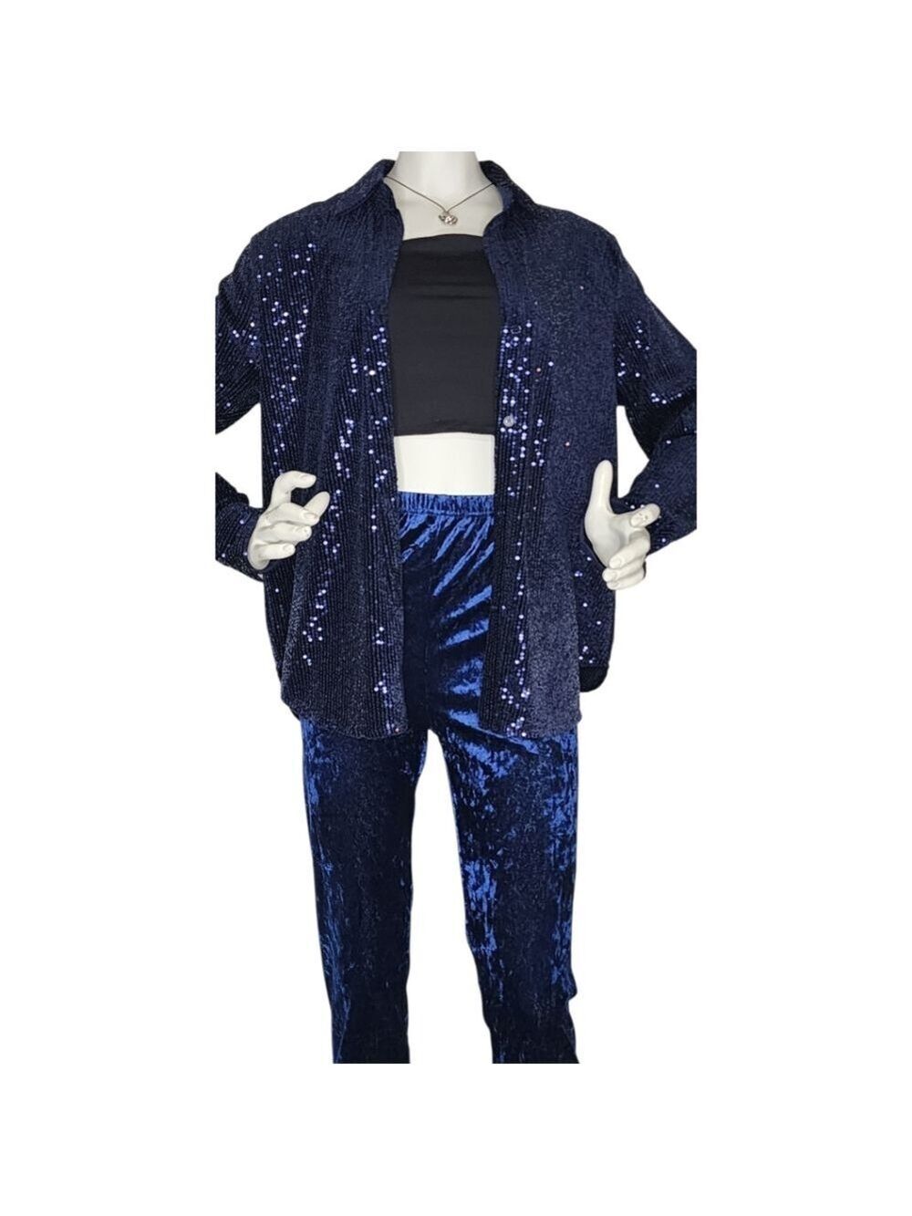 First Love Blue Sequin Velvet Blouse Small NWT ✨ Luxe Night-Out Top